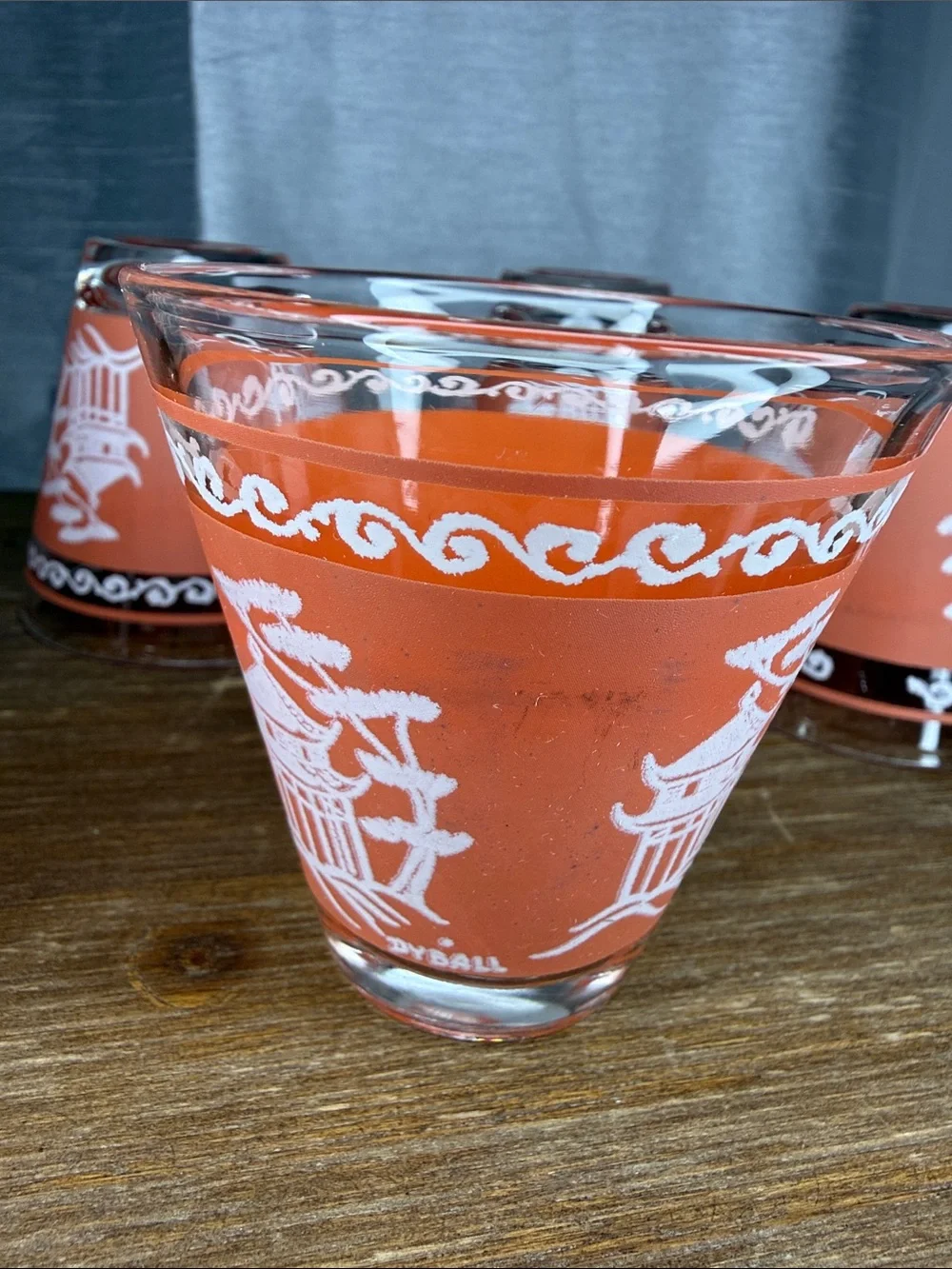 Vtg Dyball Coral Pagoda Glasses Matte Mid Century Modern Hazel Atlas 7pc Set